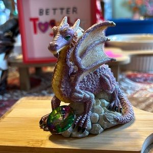 Dragon in Lavender Color with Large Multi Colored Crystal Whimsical Green Eyes